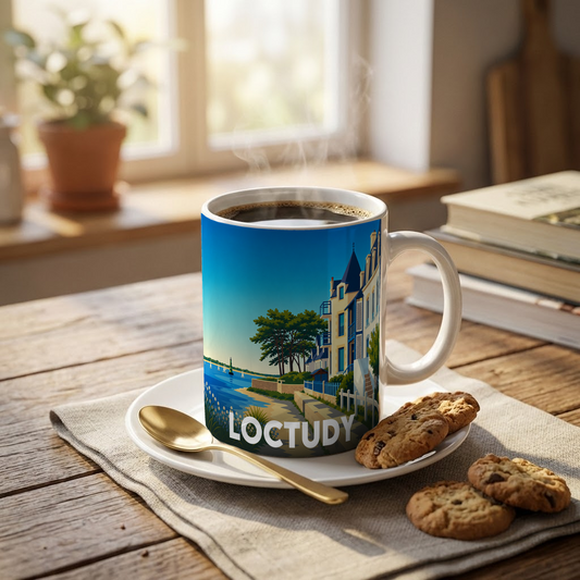 Mug souvenir de la ville de Loctudy avec une illustration stylisée.