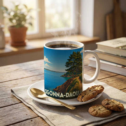 Mug souvenir de la ville de Logonna-Daoulas illustré d'un paysage côtier stylisé.