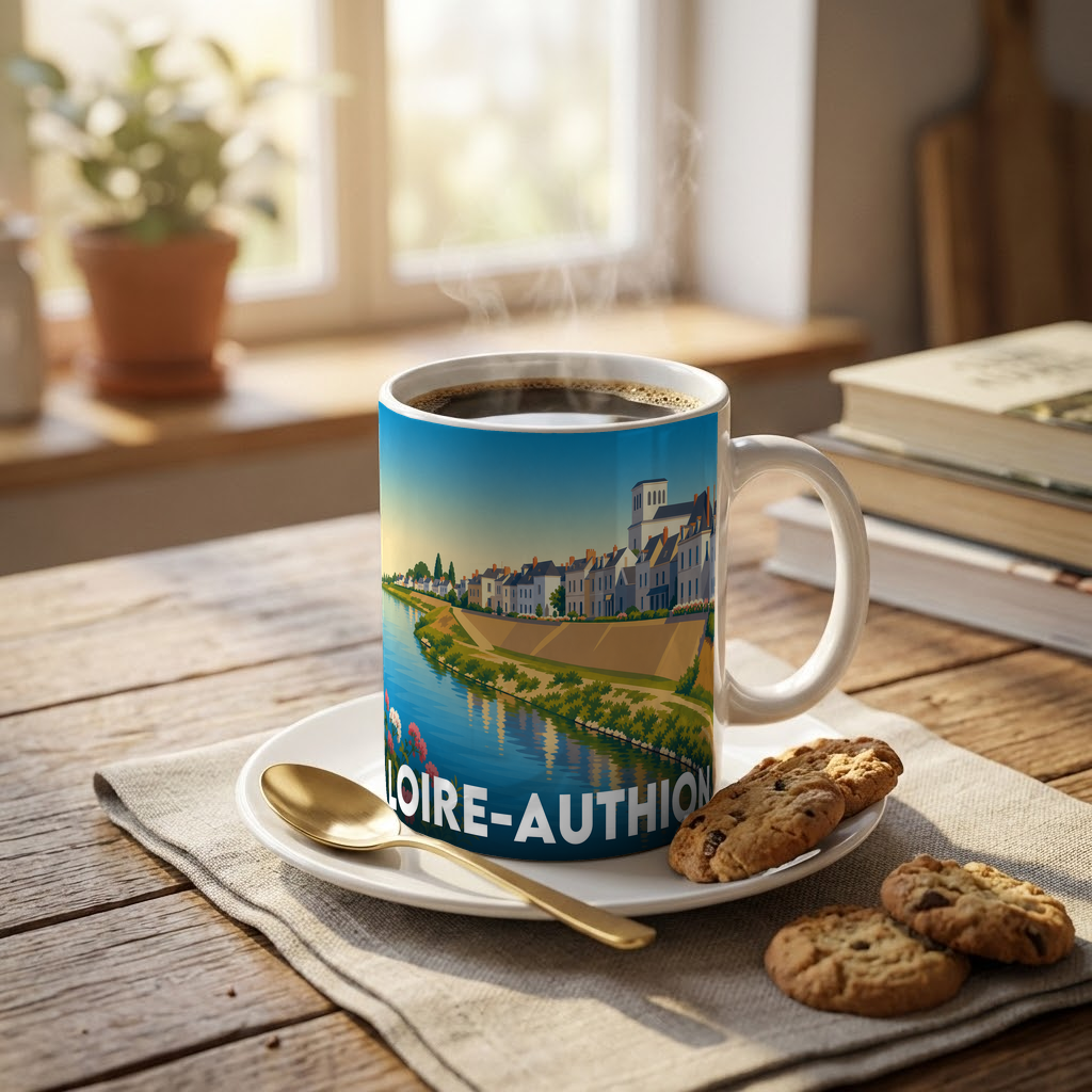 Mug souvenir de la ville de Loire-Authion avec une illustration stylisée.