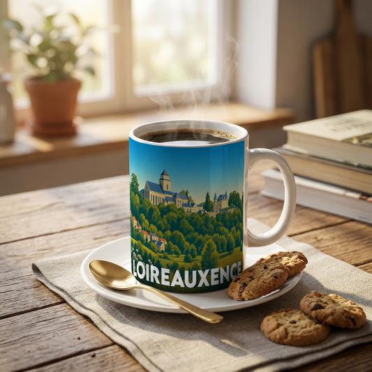 Mug souvenir de la ville de Loireauxence orné d'une illustration stylisée de son paysage et de son patrimoine.