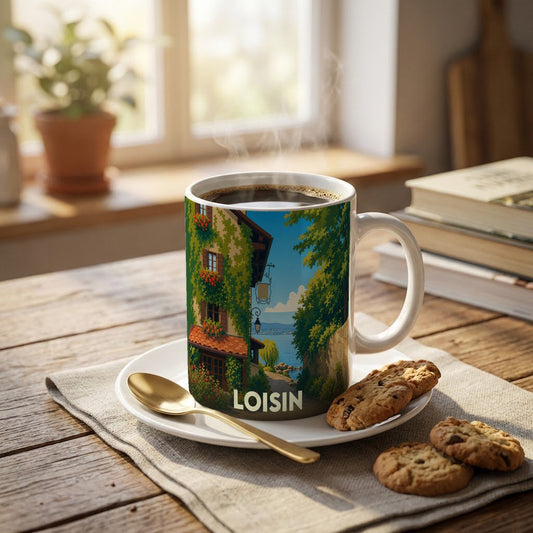 Mug souvenir de la ville de Loisin orné d'une illustration bucolique et colorée.