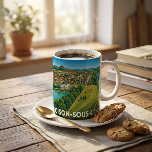 Mug souvenir de la ville de Loison-sous-Lens orné d'une illustration panoramique stylisée.