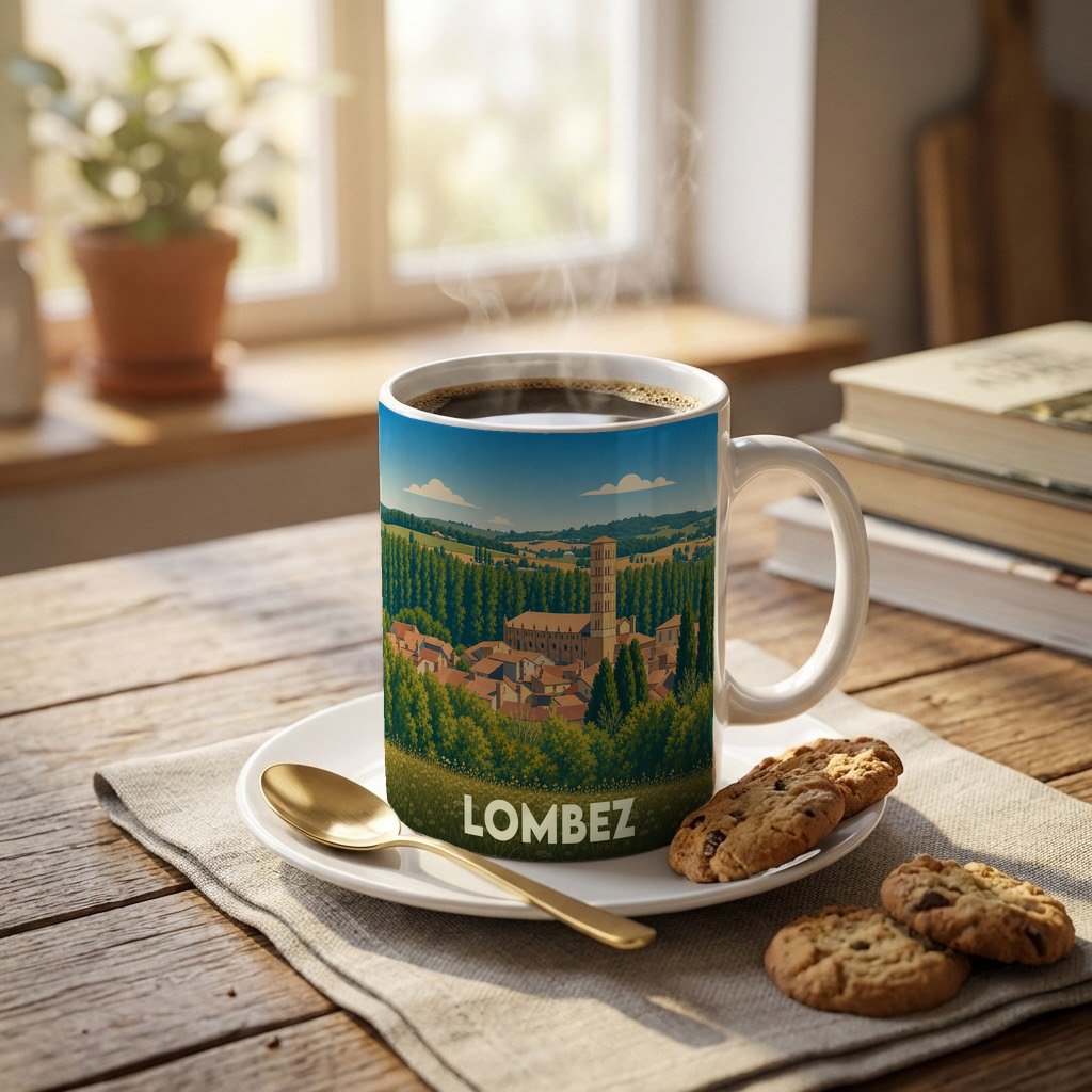 Mug souvenir de la ville de Lombez orné d'une illustration paysagère stylisée.