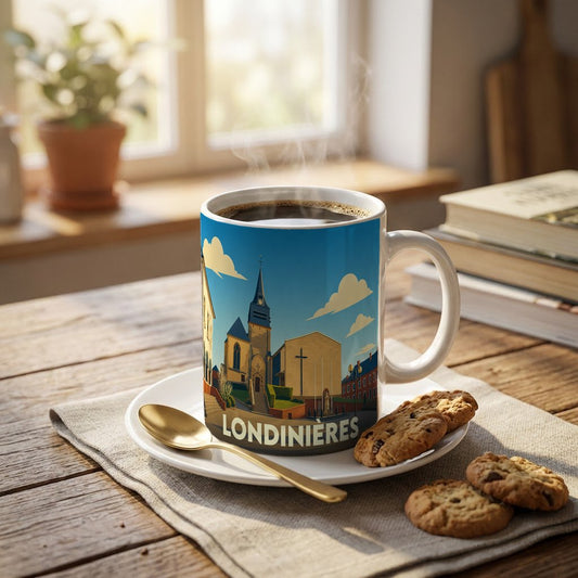 Mug souvenir de la ville de Londinières avec une illustration stylisée de son église et de ses bâtiments.