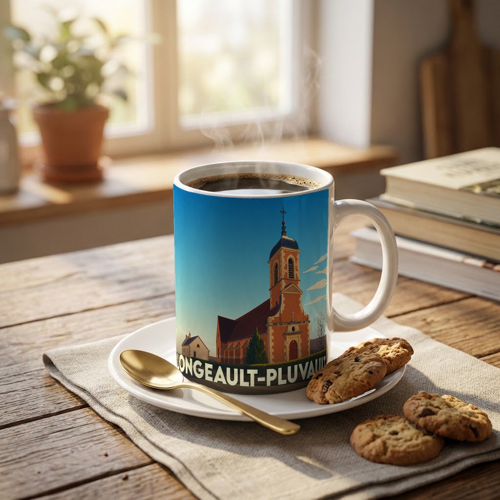 Mug souvenir de la commune de Longeault-Pluvault illustré par son église sous un ciel bleu.