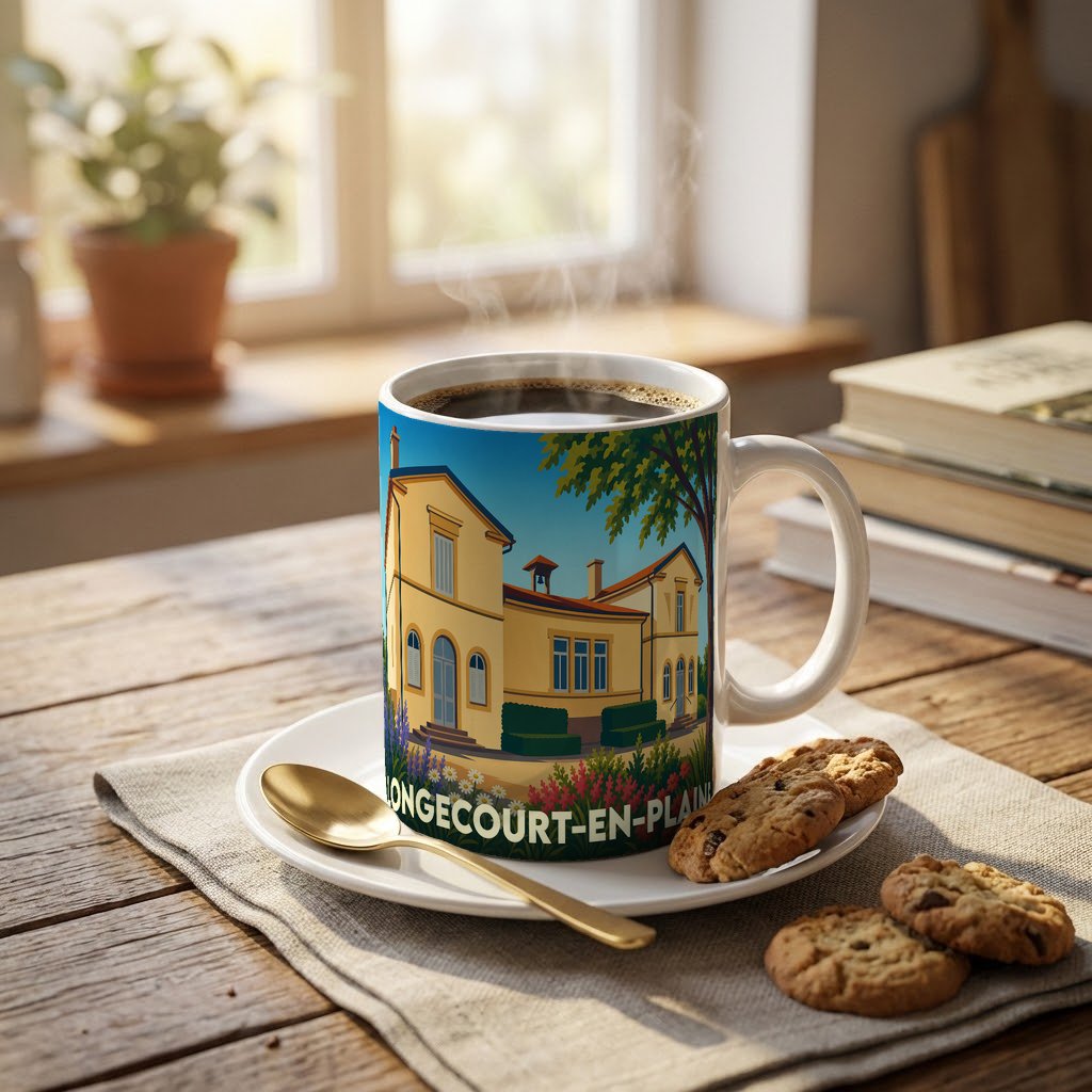 Mug souvenir de la ville de Longecourt-en-Plaine avec une illustration stylisée d'un bâtiment historique.