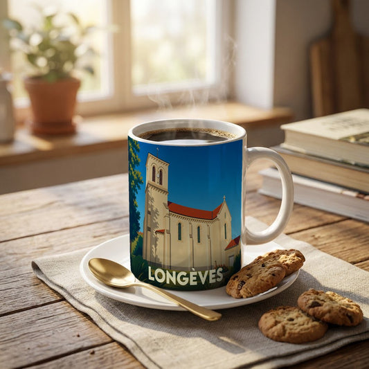 Mug souvenir de la ville de Longèves avec une illustration stylisée de son église.