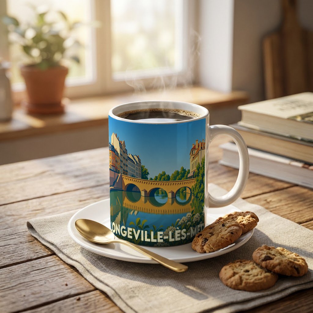 Mug souvenir de la ville de Longeville-lès-Metz orné d'une illustration stylisée de son pont et de ses reflets sur l'eau.