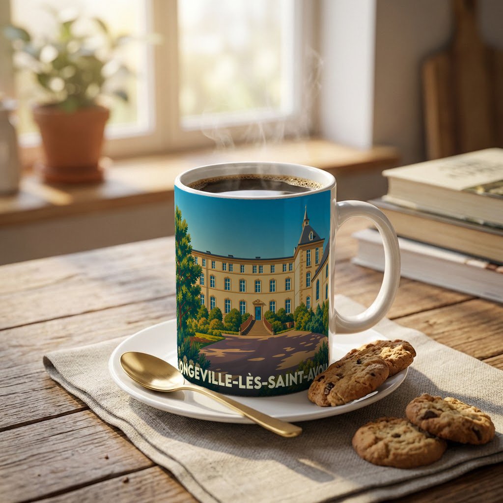 Mug souvenir de la ville de Longeville-lès-Saint-Avold avec une illustration stylisée d'un bâtiment historique.