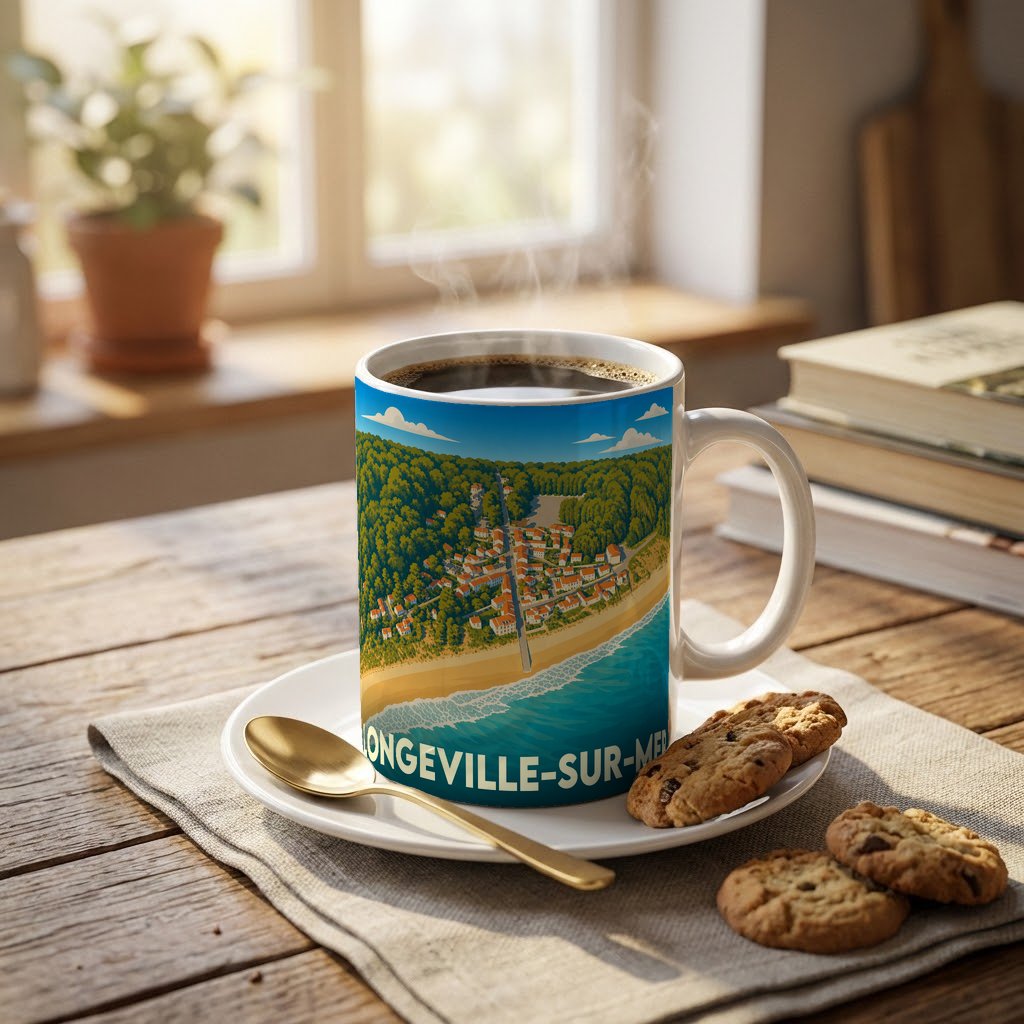 Mug souvenir de la ville de Longeville-sur-Mer avec une illustration stylisée du littoral.