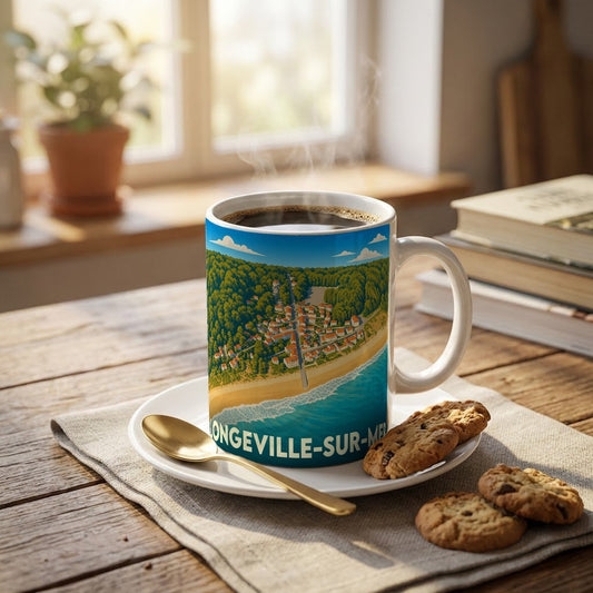 Mug souvenir de la ville de Longeville-sur-Mer avec une illustration stylisée du littoral.