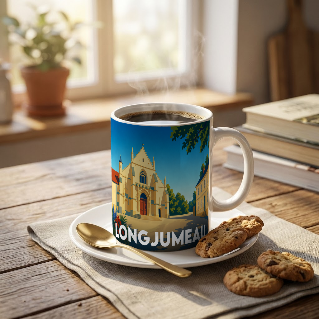 Mug souvenir de la ville de Longjumeau avec une illustration stylisée de son église.