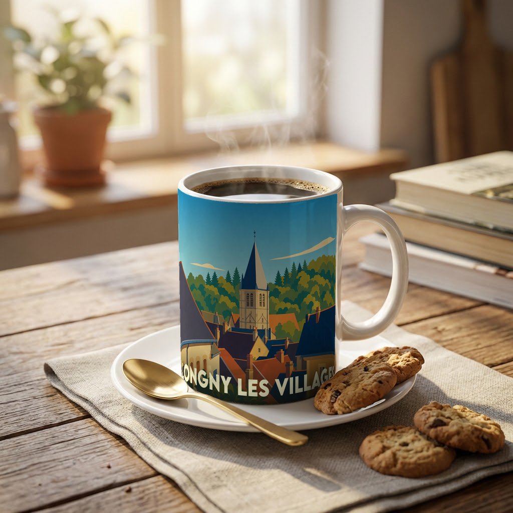 Mug souvenir de la ville de Longny les Villages orné d'une illustration stylisée du village et de son église.