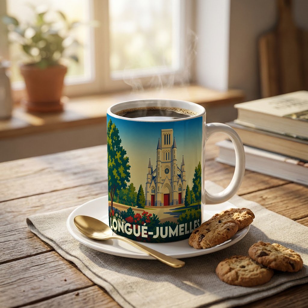 Mug souvenir de la ville de Longué-Jumelles avec une illustration stylisée de son église.
