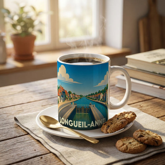 Mug souvenir de la ville de Longueil-Annel avec une illustration stylisée d'un canal et de ses écluses.