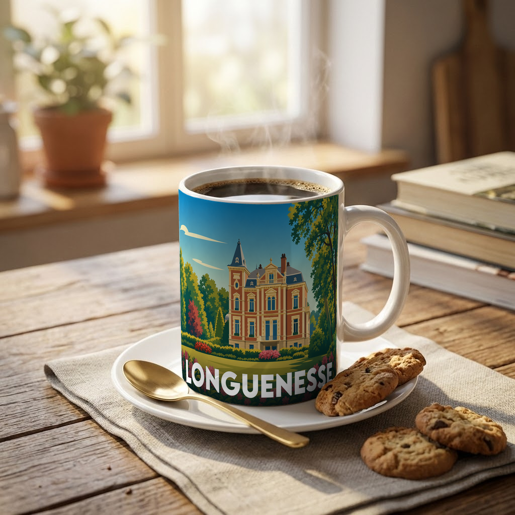 Mug souvenir de la ville de Longuenesse avec une illustration stylisée représentant un château.
