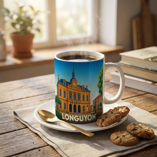Mug souvenir de la ville de Longuyon orné d'une illustration stylisée de son hôtel de ville.
