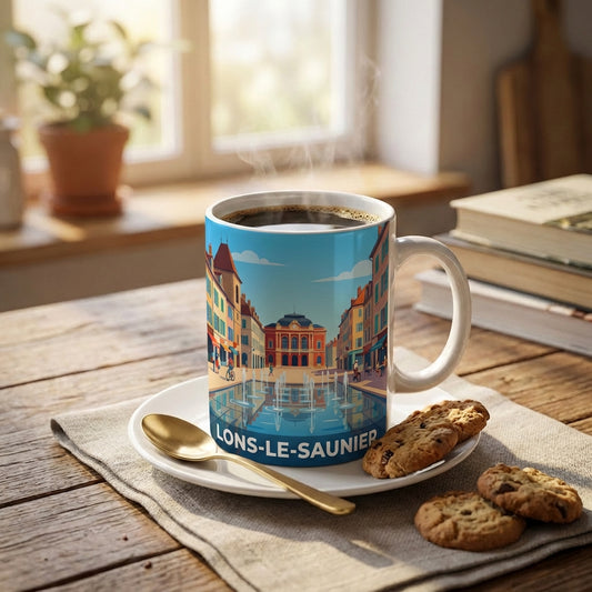 Mug souvenir de la ville de Lons-le-Saunier avec une illustration stylisée.