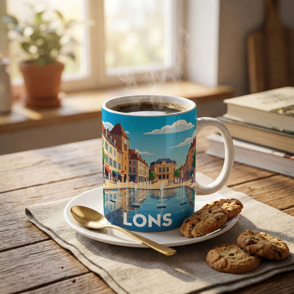Mug souvenir de la ville de Lons avec une illustration stylisée.