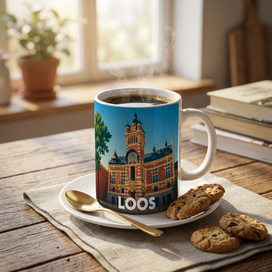 Mug souvenir de la ville de Loos avec une illustration stylisée de son beffroi.