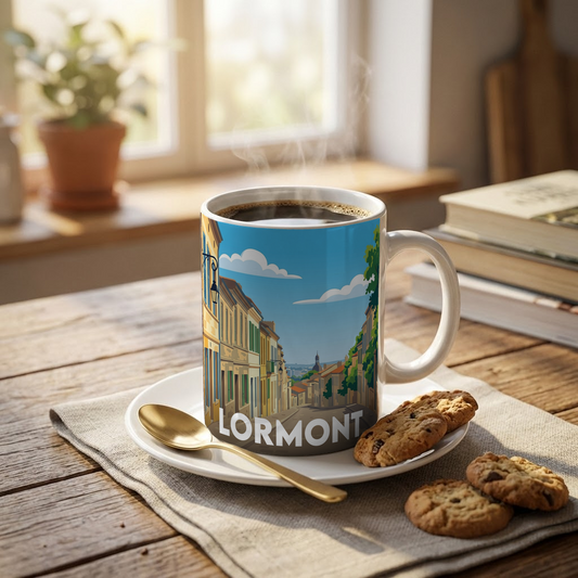 Mug souvenir de la ville de Lormont avec une illustration stylisée.