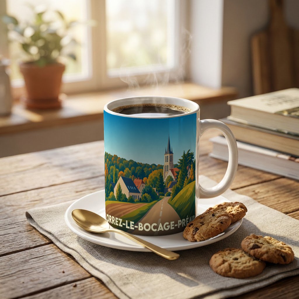 Mug souvenir de la ville de Lorrez-le-Bocage-Préaux orné d'une illustration paysagère stylisée.