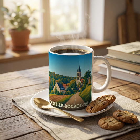 Mug souvenir de la ville de Lorrez-le-Bocage-Préaux orné d'une illustration paysagère stylisée.