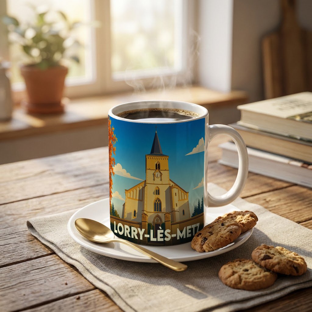 Mug souvenir de la ville de Lorry-lès-Metz orné d'une illustration stylisée de son église.