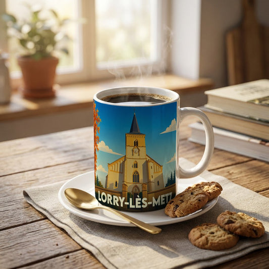 Mug souvenir de la ville de Lorry-lès-Metz orné d'une illustration stylisée de son église.