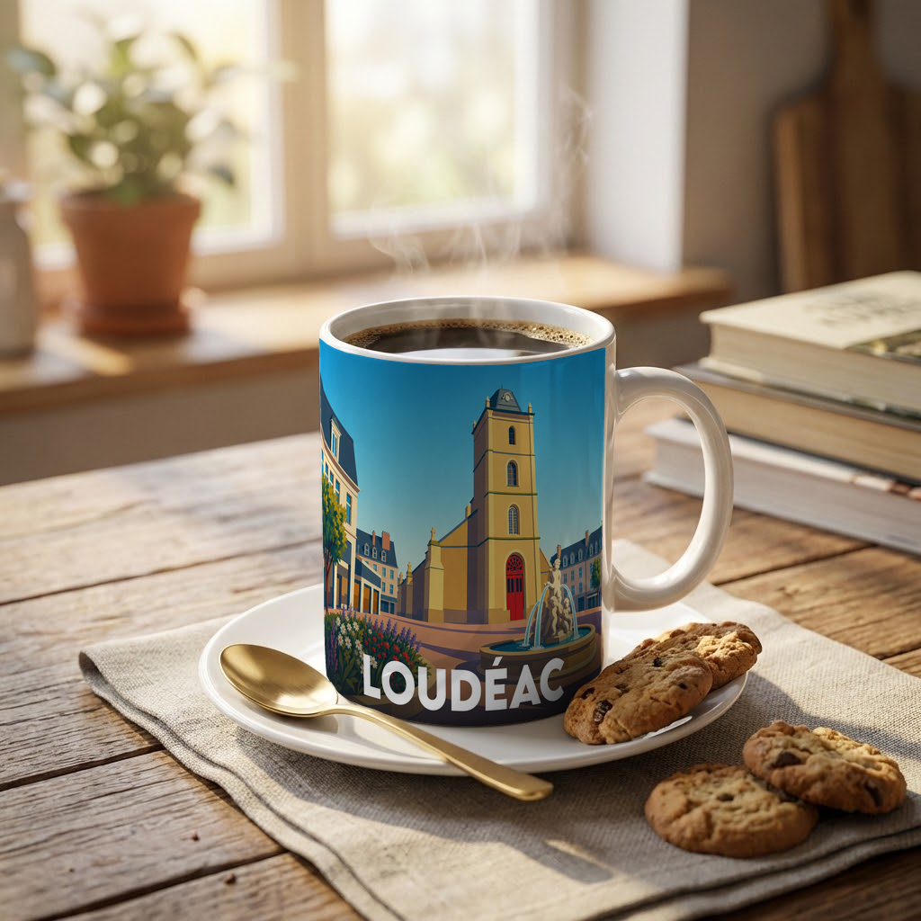 Mug souvenir de la ville de Loudéac illustré d'un paysage urbain stylisé avec son église.
