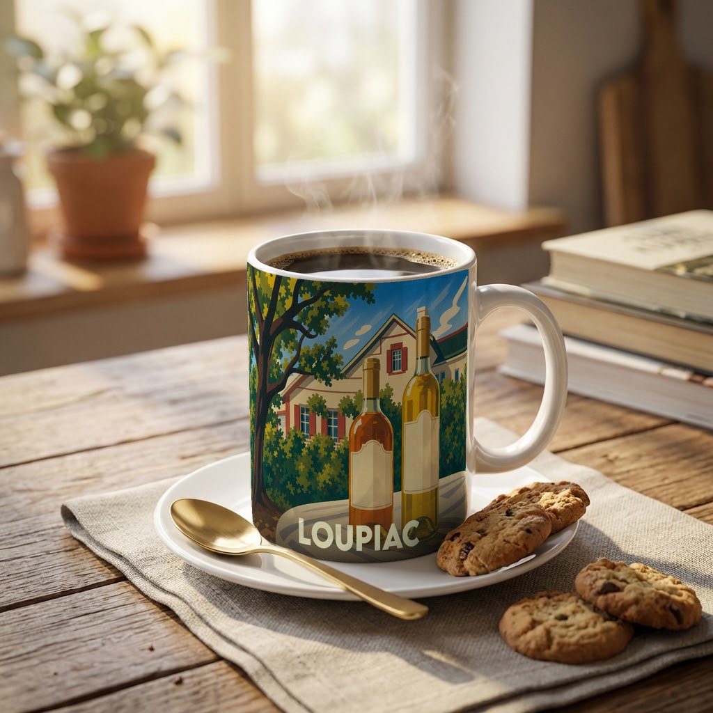 Mug souvenir de la ville de Loupiac avec une illustration stylisée représentant un vignoble et des bouteilles de vin.