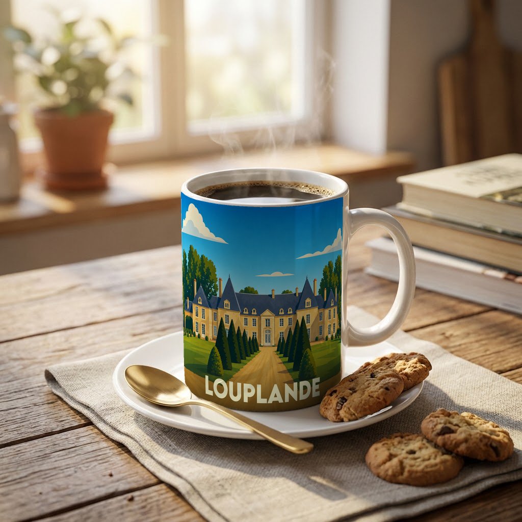 Mug souvenir de la ville de Louplande avec une illustration stylisée d'un château et de ses jardins.