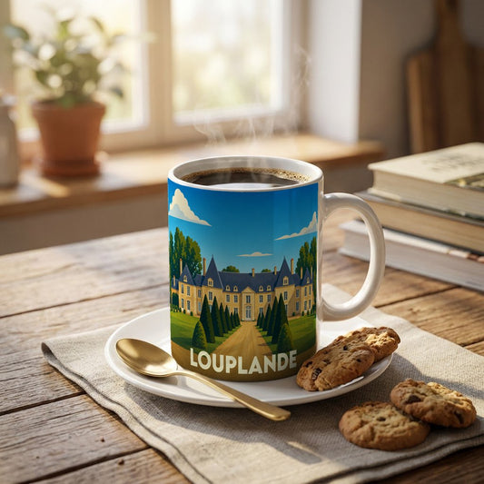 Mug souvenir de la ville de Louplande avec une illustration stylisée d'un château et de ses jardins.