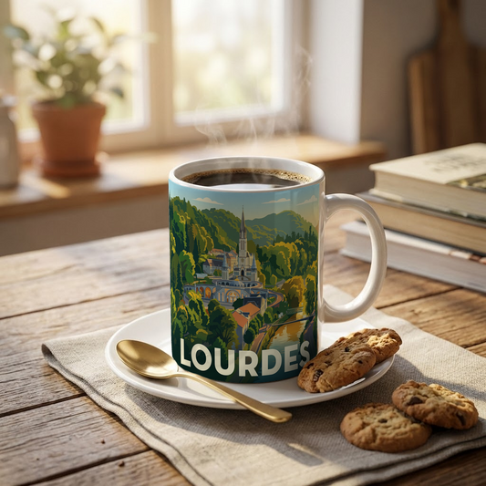 Mug souvenir de la ville de Lourdes avec une illustration stylisée.