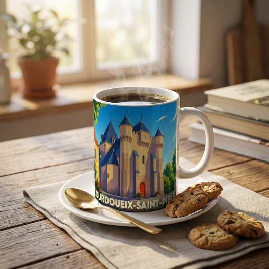 Mug souvenir de la ville de Lourdoueix-Saint-Pierre orné d'une illustration stylisée de son église fortifiée.