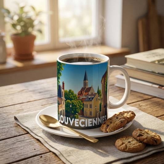 Mug souvenir de la ville de Louveciennes avec une illustration colorée et stylisée de son paysage urbain.