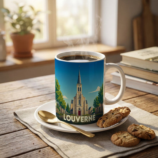 Mug souvenir de la ville de Louverné orné d'une illustration stylisée de son église.