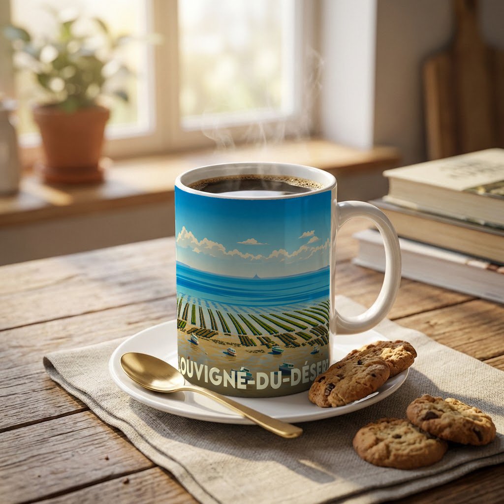 Mug souvenir de Louvigné-du-Désert illustré d'un paysage côtier stylisé.