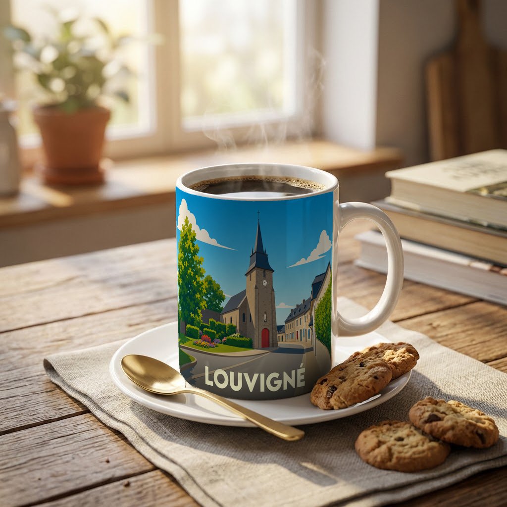 Mug souvenir de la ville de Louvigné avec une illustration stylisée de son église et de ses rues.