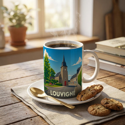 Mug souvenir de la ville de Louvigné avec une illustration stylisée de son église et de ses rues.