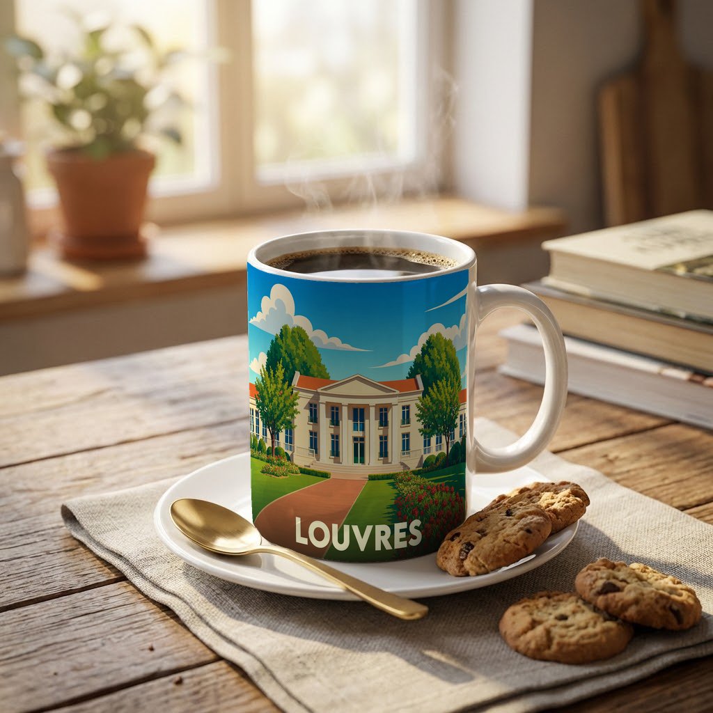 Mug souvenir de la ville de Louvres avec une illustration stylisée d'un bâtiment classique entouré de verdure.