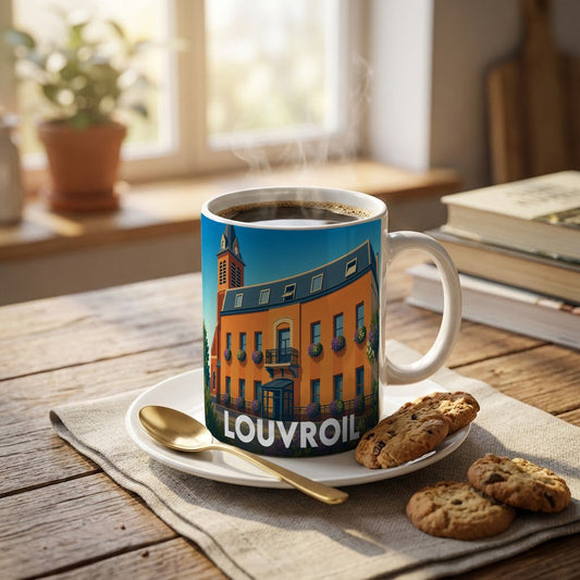Mug souvenir de la ville de Louvroil illustré d'un bâtiment typique coloré.