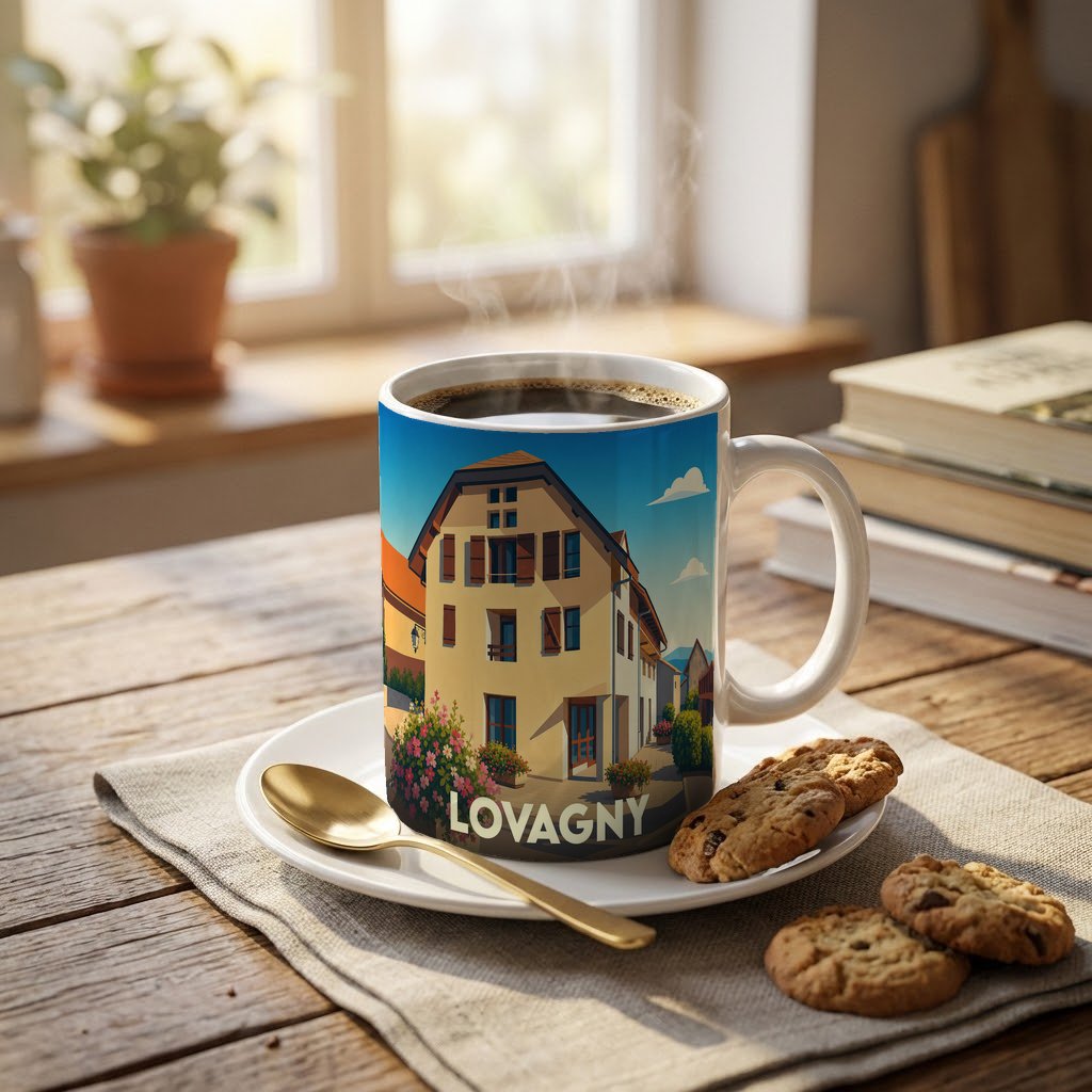 Mug souvenir de la ville de Lovagny avec une illustration stylisée d'un bâtiment traditionnel.