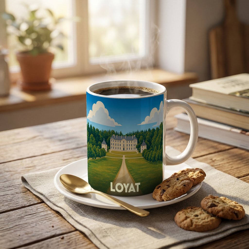 Mug souvenir de la ville de Loyat avec une illustration stylisée d'un château.