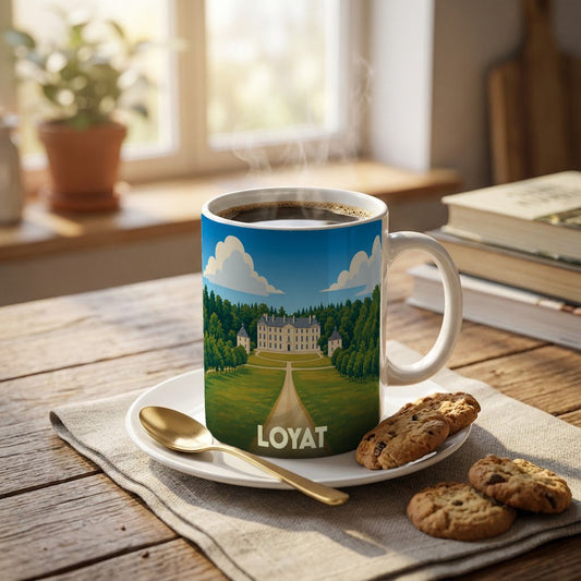Mug souvenir de la ville de Loyat avec une illustration stylisée d'un château.