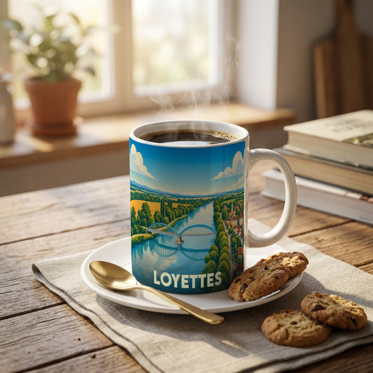 Mug souvenir de la ville de Loyettes avec une illustration stylisée d'un pont enjambant une rivière.