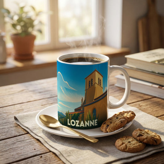 Mug souvenir de la ville de Lozanne avec une illustration stylisée d'un clocher.