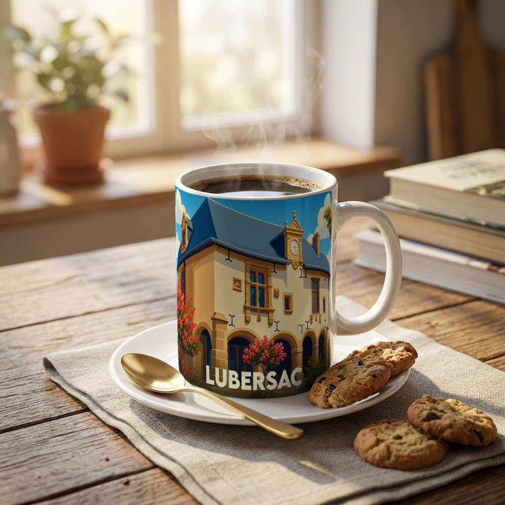 Mug souvenir de la ville de Lubersac avec une illustration stylisée de son patrimoine architectural.