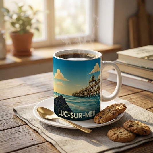 Mug souvenir de la ville de Luc-sur-Mer orné d'une illustration stylisée de sa célèbre jetée en bois.