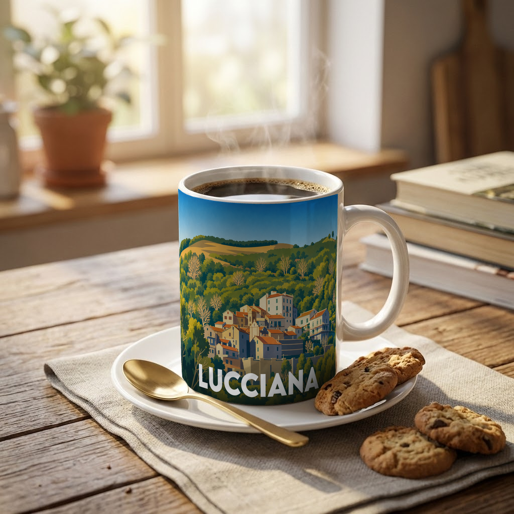 Mug souvenir de la ville de Lucciana orné d'une illustration stylisée de son paysage vallonné.